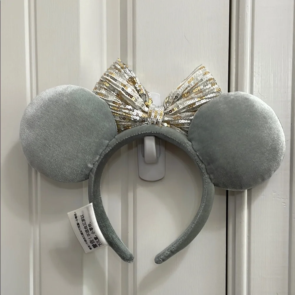 DISNEY Silver Mouse Ears Headband with Gold Sequin Bow